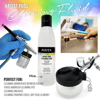 Pixiss - Airbrush Cleaning Kit Brush Cleaner Solution - Airbrush Clean Pot Glass Cleaning Jar with Holder, Air Brush Cleaner and Thinner, 5pc Cleaning Needles, 5pc Cleaning Brushes, 1 Wash Needle, 2 Filters
