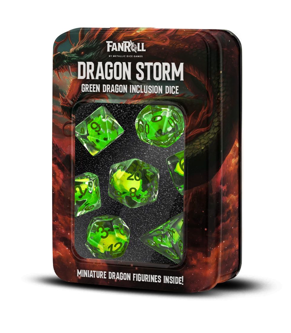 FanRoll by Metallic Dice Games - Dragon Storm Inclusion Resin Dice Set: Green Dragon