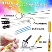 Pixiss - Airbrush Cleaning Kit Brush Cleaner Solution - Airbrush Clean Pot Glass Cleaning Jar with Holder, Air Brush Cleaner and Thinner, 5pc Cleaning Needles, 5pc Cleaning Brushes, 1 Wash Needle, 2 Filters