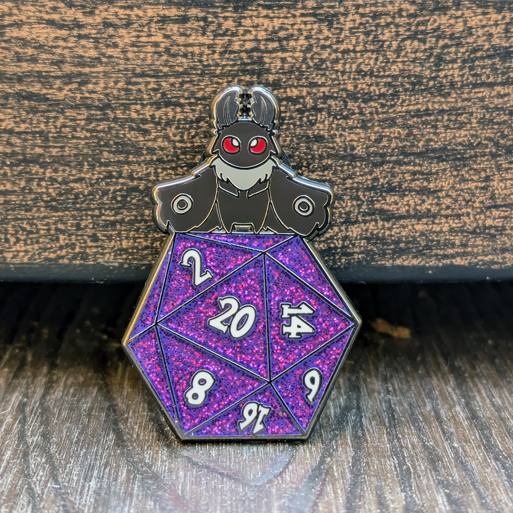 Mimic Gaming Co - Mothman on Glitter D20 Hard Enamel Pin -1.5"