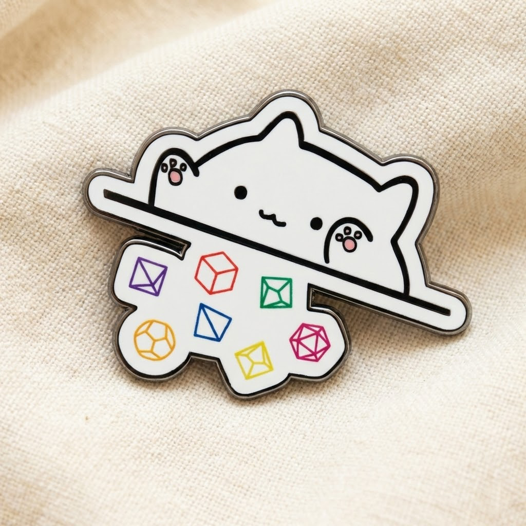 Mimic Gaming Co - White Cat Throwing Dice Hard Enamel Pin -1.5"