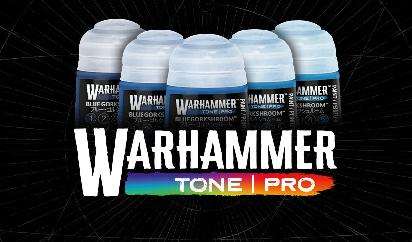 Warhammer Tone Pro logo above five paint pots